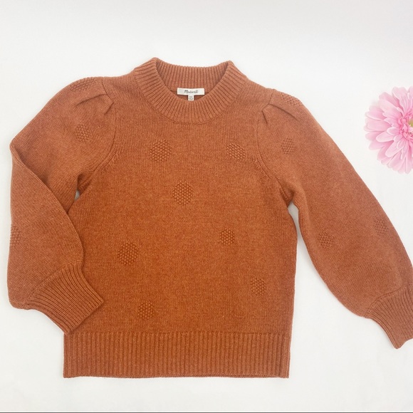 Madewell Dotted Easton Puff Sleeve Pullover Sweater In Cotton Merino Yarn Rust - Picture 6 of 12